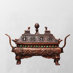 Vintage Chinese Copper Inlay Gems Double Ear Fortune Dragon Incense Burner