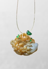 Exquisite Chinese Gilt Gold Inlay Hetian Jade Carved Peony Pendant
