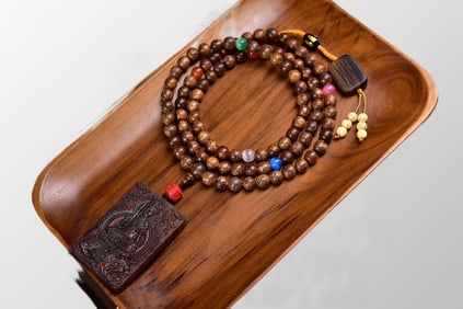 Old Chinese Chenxiang Wood Low Relief Manjushri Bodhisattva  Pendant w Beads Necklace