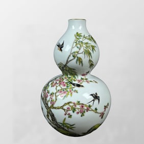 Chinese Famille Rose Enamel Plum Flower & Magpie Design Gourd Shape Porcelain Vase
