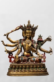 Tibetan Buddhism Colored Drawing Gilt Gold Copper Six Arm Kwan-yin Statue