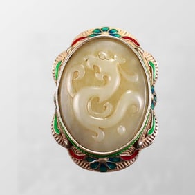 Vintage Chinese Silver Inlay Hetian Jade Belt Buckle