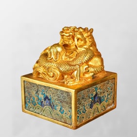 Vintage Chinese Gilt Gold Copper Cloisonne Fortune Dragon Seal