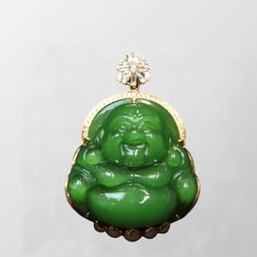 Exquisite Chinese 18K Gold Inlay Green Hetian Jade Carved Laughing Buddha Pendant
