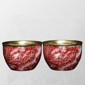 A Pair Chinese Gilt Gold Iron Red Glaze Fortune Dragon Design Porcelain Cups