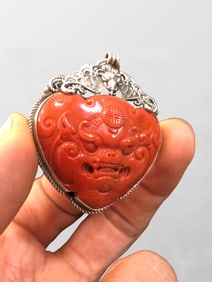 Chinese Pure Silver Inlay Nanhong Agate Carved Beast Face Pendant
