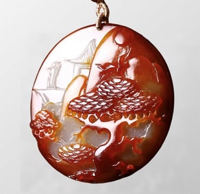 Chinese Natural Hetian Jade Low Relief Mountain River Scene Pendant