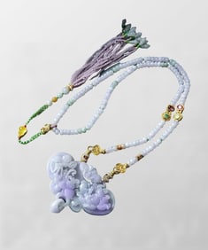 Exquisite Purple Jadeite Carved Butterfly & Peony Pendant