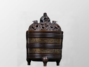 Vintage Chinese Copper Inlay Silver Wires Fortune Dragon Incense Burner