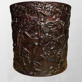 Chinese Zitan Wood Low Relief Figure Design Brush Pot