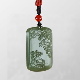 Chinese Natural Hetian Jade Low Relief Mountain River Scene Pendant