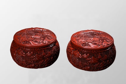 A Pair Chinese Red Lacquerware Low Relief Mountain River Scene Mountain River Scene Weiqi Pot