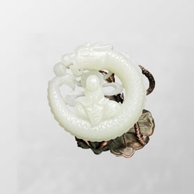 Openwork Chinese Hetian Jade Carved Dragon & Buddha Pendant