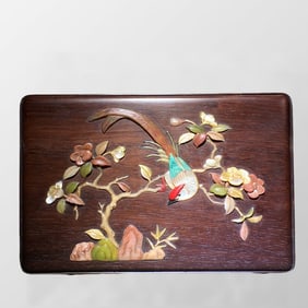Vintage Chinese Huanghuali Wood Inlay Shell Flowers Bird Jewellery Box