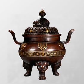 Chinese Gilt Gold Copper 3 Legs Double Ears Incense Burner