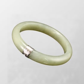 Inside Diameter 55mm Natural Jade Inlay Pure Silver Bracelet