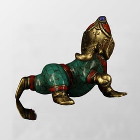 Old Tibetan Gilt Gold Bronze Inlay Turquoise & Gems Yellow Jambhala Statue
