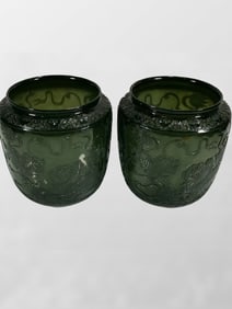A Pair Superb Chinese Green Hetian Jade Low Relief Fortune Lion Pots