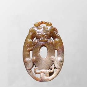 Openwork Vintage Chinese Hetian Jade Carved Beast Pendant