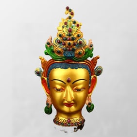 Vintage Gilt Gold Bronze Inlay Gem Kwan-yin Head Statue