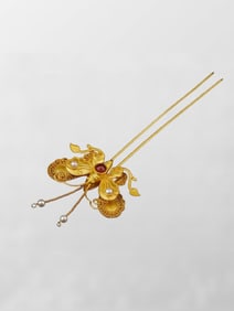 Beautiful Gilt Gold Inlay Pearl & Gem Butterfly Hairpin