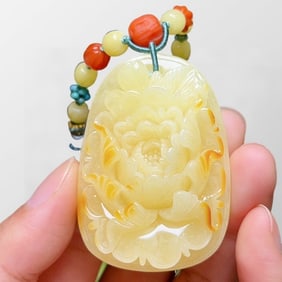 Beautiful Beeswax Carved Peony Pendant w Nanhong Agate Beads Hand Woven Necklace