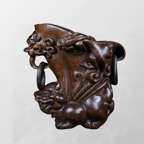 Vintage Ox Horn Carved Chi Dragon Sacrifice Wine Cup