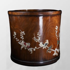 Chinese Huali Wood Inlay Shell Plum Flower & Magpie Brush Pot