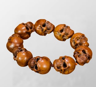Vintage Olive Nut Carved Skull Beads Bracelet
