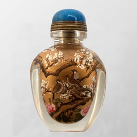 Old Chinese Peking Glass Inside Painting Plum Flower & Magpie Design Snuff Bottle w Stopper