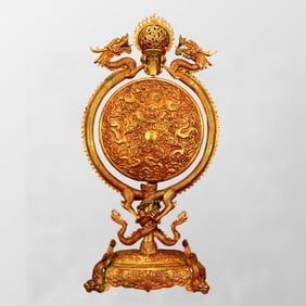 Superb Chinese Gilt Gold Copper Double Dragon Turn Heart Screen w Dragon Base