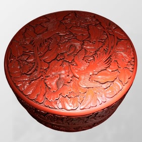 Chinese Red Lacquerware Low Relief Phoenix & Peony Jewellery Box