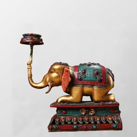 Old Tibetan Gilt Gold Bronze Inlay Turquoise & Gems Elephant Candlestick Statue