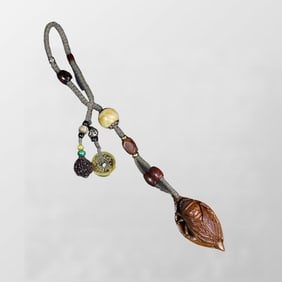 Vintage Olive Nut Carved Fortune Cicada Hand Woven Pendant