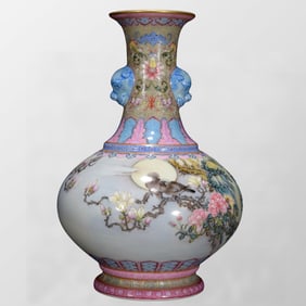 Chinese Qing Dynasty Gilt Edge Famille Rose Flowers Bird Design Porcelain Vase