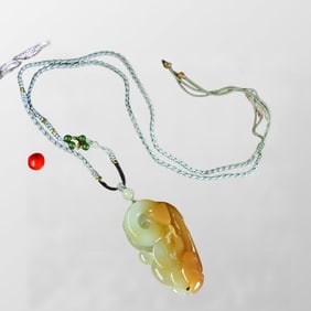 Chinese Natural Hetian Jade Carved Ruyi Snake Pendant w Hand Woven Necklace