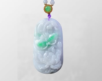 Exquisite Jadeite Carved Butterfly & Flower Pendant w Beads Necklace