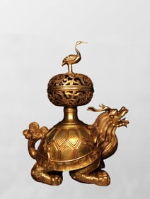 Chinese Gilt Gold Copper Dragon Turtle Incense Burner