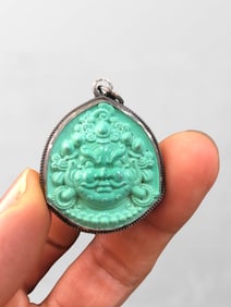 Chinese Pure Silver Inlay Turquoise Yellow Jambhala Pendant
