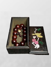 Chinese Zitan Wood Beads Bracelet w Huali Wood Inlay Shell Box