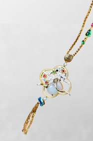 Chinese Silver Plated Gilt Gold Inlay Hetian Jade & Gem Money Bag Pendant