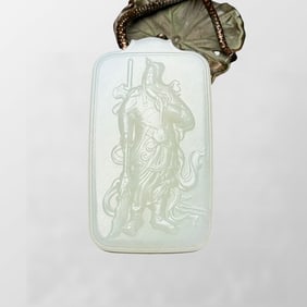 Chinese Natural Hetian Jade Low Relief General Guangong Pendant