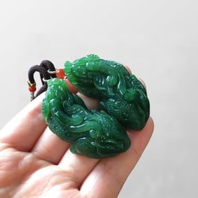 A Pair Superb Chinese Green Hetian Jade Carved Fortune Pixiu Pendant