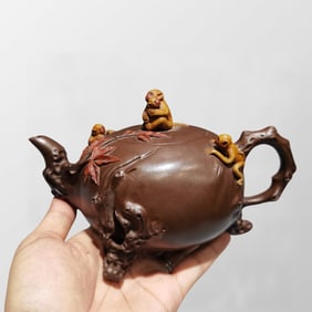 Chinese Yixing Zisha Clay Monkey Teapot w Artist Signed