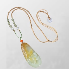 Chinese Natural Hetian Jade Carved Lotus Flower Pendant