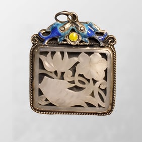 Chinese Pure Silver Inlay Hetian Jade Carved Carp & Lotus Flower Pendant
