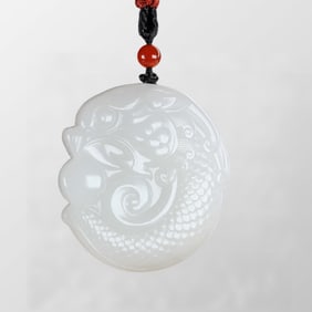 Chinese Natural Hetian Jade Dragon Fish Pendant
