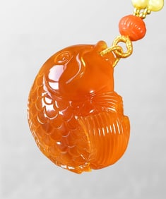 Beautiful Beeswax Hand Carved Carp Pendant w Beads Necklace