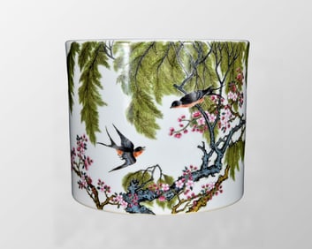 Chinese Qing Dynasty Famille Rose Enamel Flowers Bird Design Porcelain Brush Pot