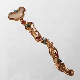 Vintage Chinese Gilt Gold Copper Inlay Gem Ruyi Scepter Statue